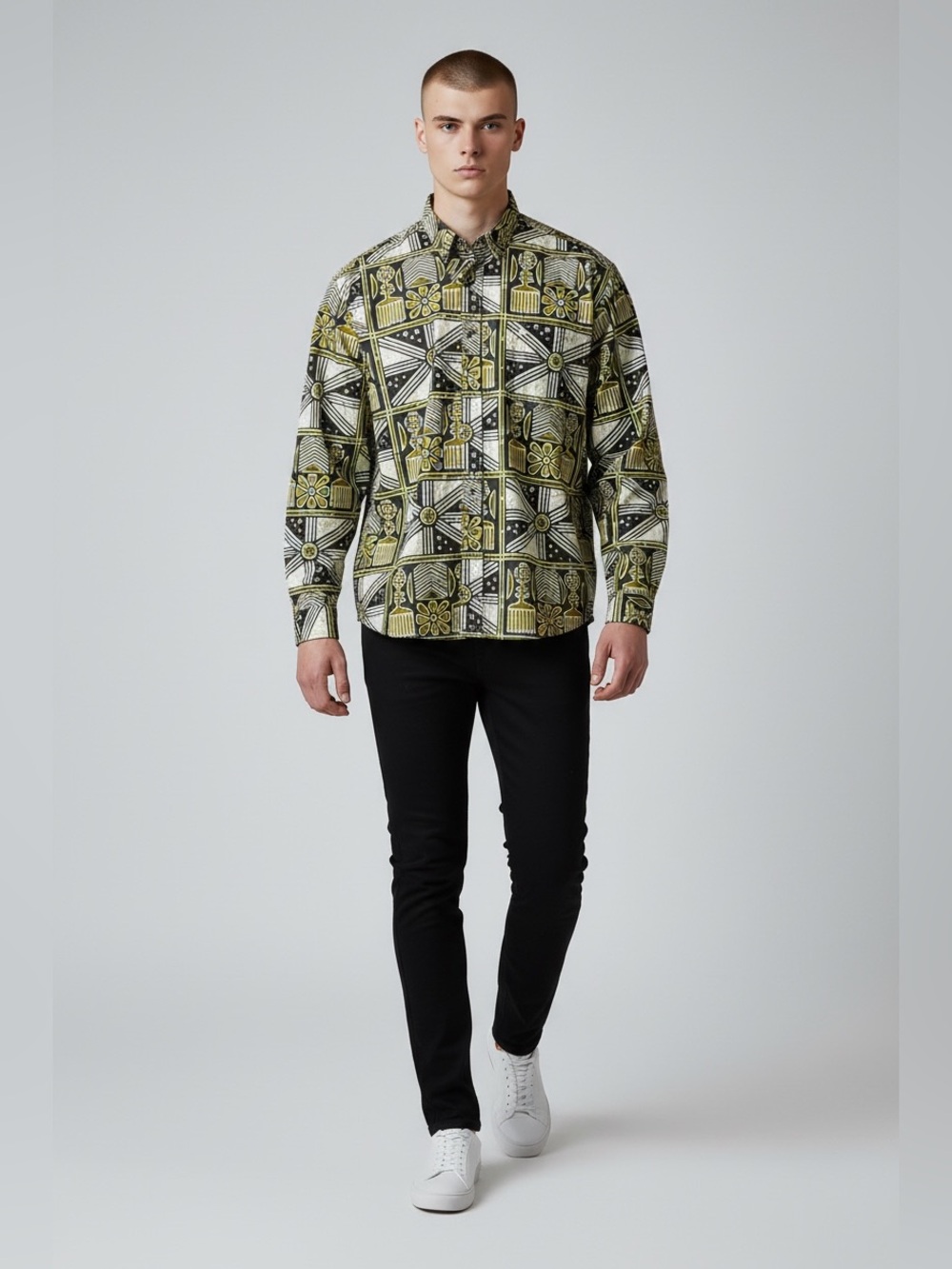 Wooden Boutique Men's Patterned Shirt Black and Yellow vintage